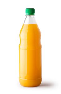 Orange juice bottle with green cap ready for branding on bright light isolated on white background front view in studio